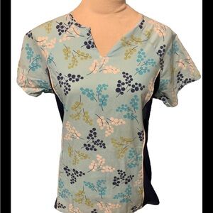 Cherokee Studio Scrub Top Stretch Sides Light Blue & Navy Small